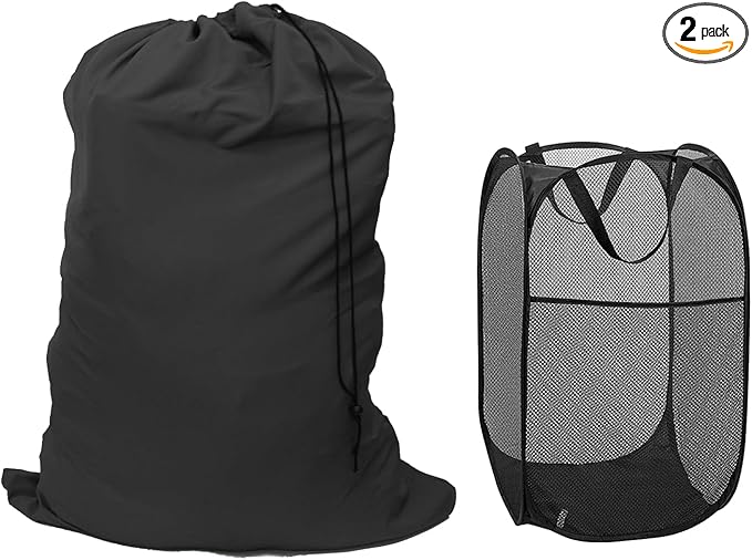 Extra Large Laundry Bag 1 Pack with 1 Pack Pop Up Hamper, Black Travel Laundry Bags 30"x40", Foldable Mesh Laundry Basket, for college dorm and apartment dwellers (2PCS)