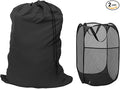 Extra Large Laundry Bag 1 Pack with 1 Pack Pop Up Hamper, Black Travel Laundry Bags 30"x40", Foldable Mesh Laundry Basket, for college dorm and apartment dwellers (2PCS)