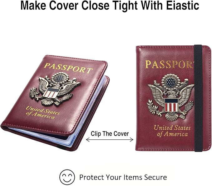 Passport Holder for Travel Passport Cover for Men Passport Wallet Case With 3D Metal Badge Protector Leather Card Case RFID Blocking Women Travel Accessories Document Organizer (Wine Red)