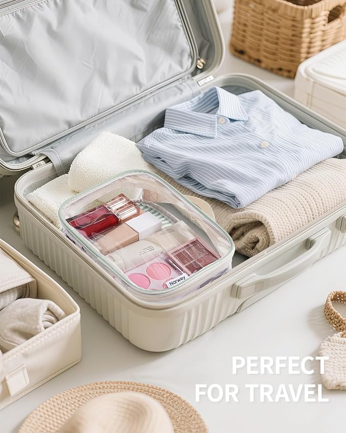 Narwey TSA Approved Clear Toiletry Bag for Travel, Waterproof PVC Clear Makeup Bags, Portable Compact Cosmetic Bag Make Up Organizer, Airport Airline Quart Size Compliant Bag (Mint Green Stripe)