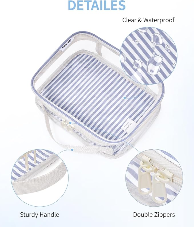 Narwey TSA Approved Clear Toiletry Bag for Travel, Waterproof PVC Clear Makeup Bags, Portable Compact Cosmetic Bag Make Up Organizer, Airport Airline Quart Size Compliant Bag (Greyish Blue Stripe)