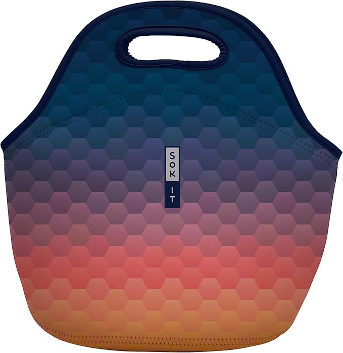 Sok It LunchTote Zippered Bag Insulated Neoprene Caddy (Hexagon Sunset, Large 4.5 Quart Lunch Tote)