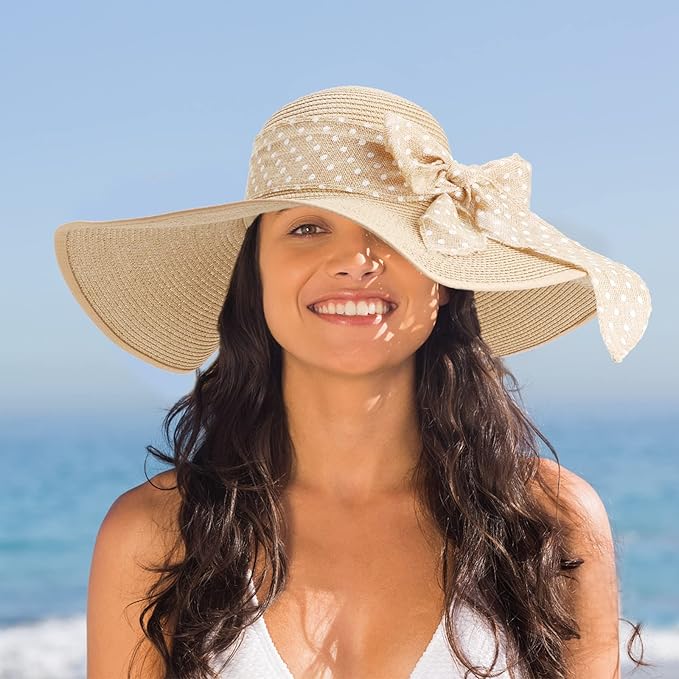 DRESHOW Beach Hats for Women Big Straw Wide Brim Summer Hat Floppy Foldable Roll up Cap Sun Hat UPF 50+