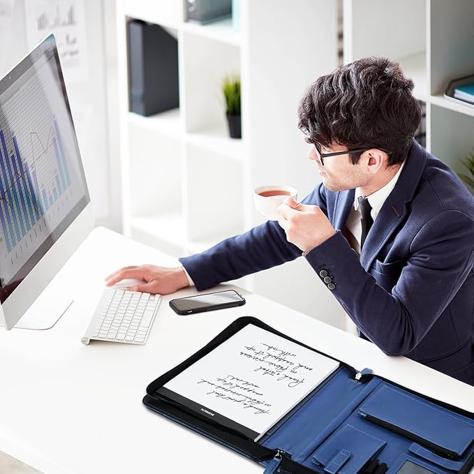 POPRUN Portfolio Binder with Zipper, Leather Padfolio Document Organizer with Storage, Professional Business Briefcase Ideal for Meeting Presentation Work-Includes 50 Sheet Writing Pad, Blue