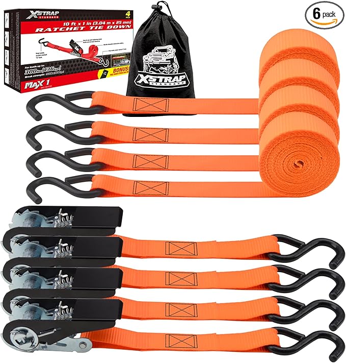 XSTRAP STANDARD Ratchet Tie Down Straps 4 Pk 10 Ft- 300 Lbs Load Cap- 900 Lbs Break Strength-Cargo Straps for UTV, ATV, Pickup,Truck, Moving Appliances, Lawn Equipment, Orange