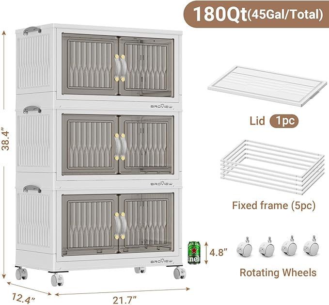 BROVIEW 180Qt Stackable Storage Bins with Lid, Extra Large Closet Organizer Collapsible Drawer Boxes with Wheels, Folding Plastic Cabinet Containers for Home Kitchen Room Organization, 3Pack White