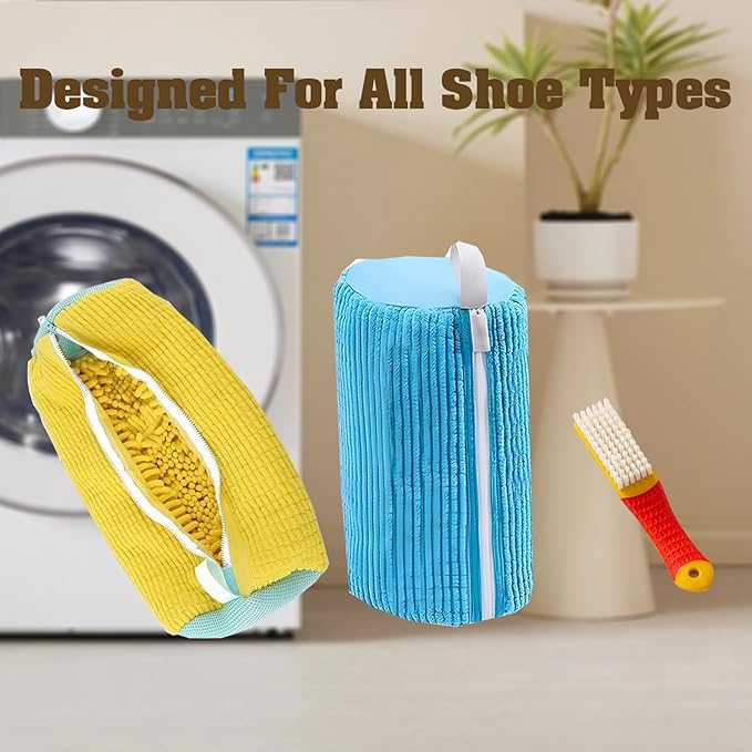 Shoe Washing Machine Bag 2PCS，Laundry Shoe Bag For Washer And Dryer，Reusable Shoe Cleaning Bag for All Shoe Types And Sizes，360°Wrap-around Shoe Washing Bag with One Shoe Brush(Yellow & Blue)