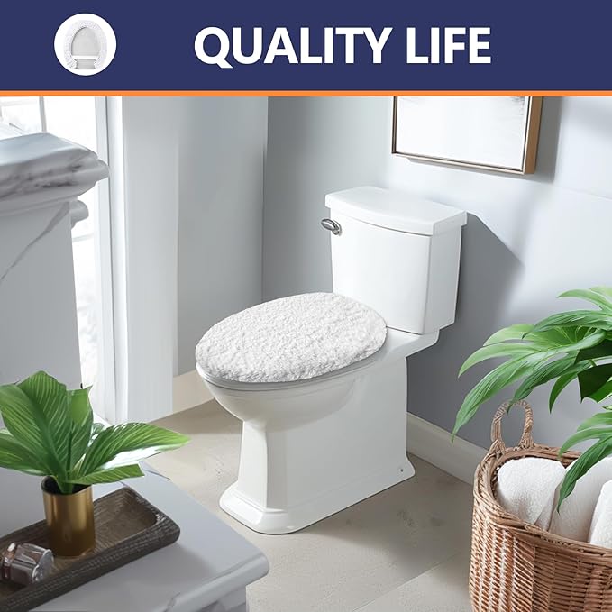 Microfiber Elongated Toilet Seat Cover 19.5"x 15" Machine Washable Solid Toilet Lid Cover Adjustable Rubber Backing Fits Most 18-19.5" L x 14-16" W Elongated Toilet Seat