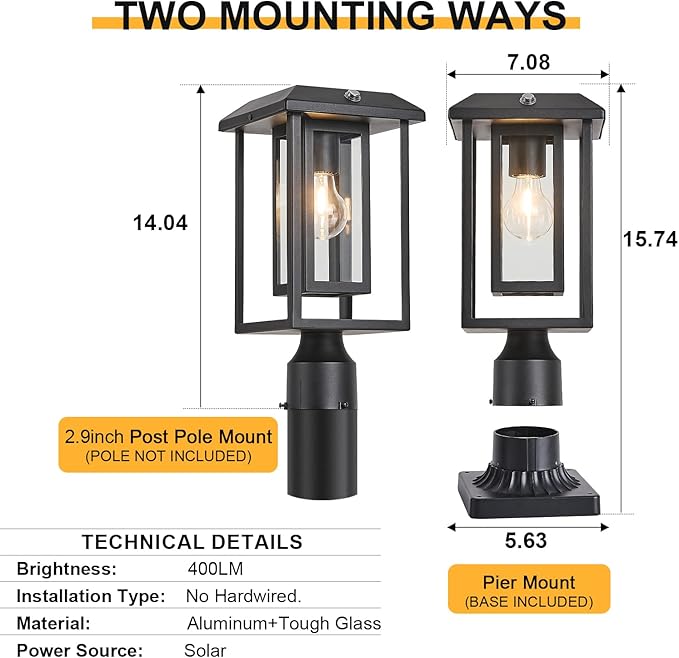 Solar Lamp Post Lights for Outdoor with Pier Mount Base, Dusk to Dawn Pole Light Head with Waterproof, Exterior Solar Powered Pillar Lights Fixture for Yard, Garden, Pathway, Black
