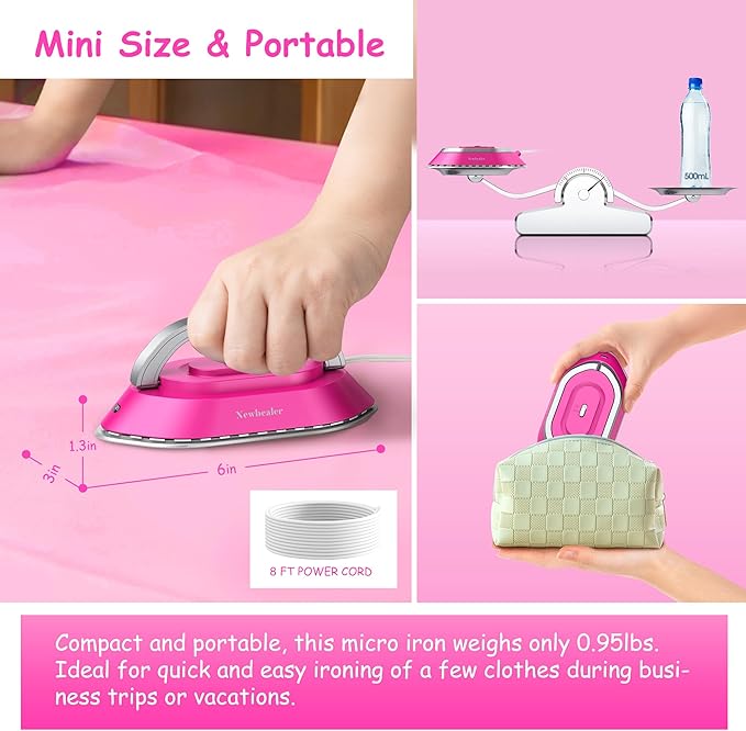 Newbealer Travel Iron with Dual Voltage - 120V/220V Lightweight Dry Iron for Clothes (No Steam), Non-Stick Ceramic Soleplate, 302℉ Heat Press Machine, w/Spray Bottle, Pouch & Silicone Stand (Hotpink)