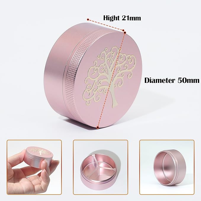 Small Pill Case 3 Compartments, Metal Round Portable Pill Box, Waterproof Travel Pill Organizer, Pocket Purse Medicine Vitamin Holder EDC Container (Rose Gold with Life Tree)