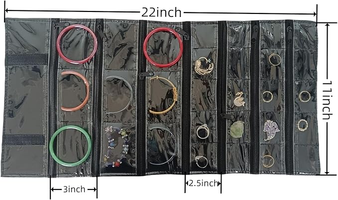 Travel Jewelry Roll Bag Portable Organizer Pouch With Grids&PVC Cover Storage Bags for Necklace, Bracelet, Bracelet,Ring, Badge, Pendant