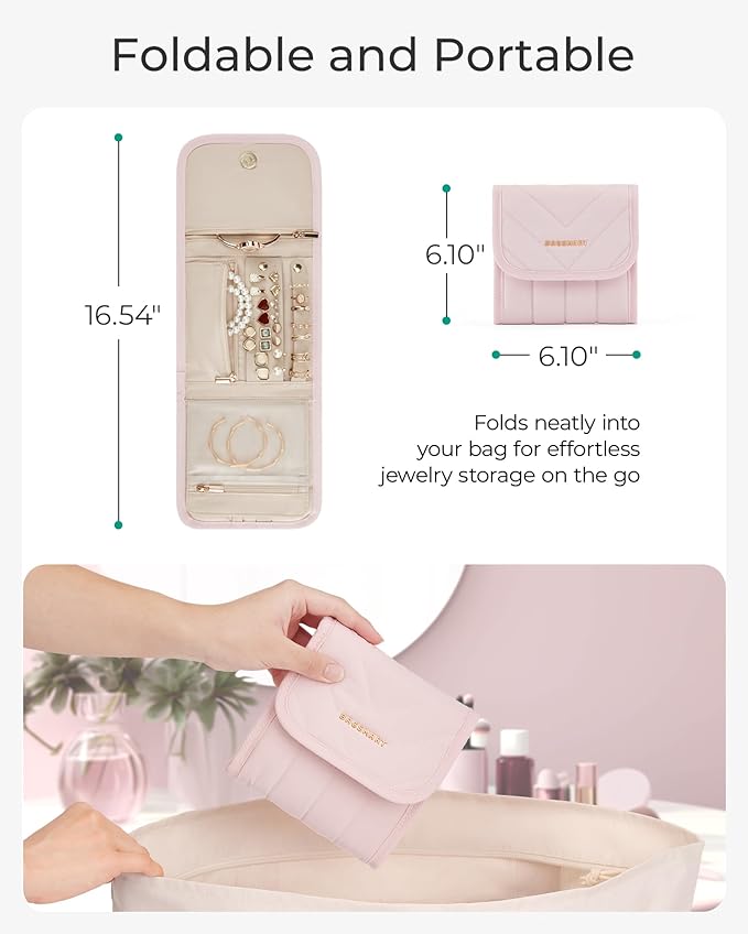 BAGSMART Travel Jewelry Organizer Case, Foldable Jewelry Roll for Necklaces, Earrings, Journey-Rings, Bracelets, Brooches, Portable, Pink