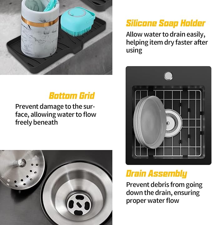 Small Black Kitchen Sink,13x15 Inch Stainless Steel Drop In Topmount Kitchen And Bar Sink Ideal Choice For Small Space, Prep Area, RV With Bottom Grid,Soap Mat And Drain Assembly