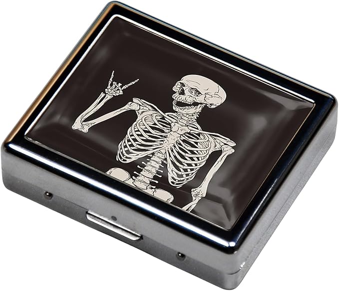 Silver Vintage Pill Box 7 Day Metal Pill Box with Mirror and 8 Compartments Cute Travel Pill Organizer for Purse (Rock and Roll Skull Skeleton)