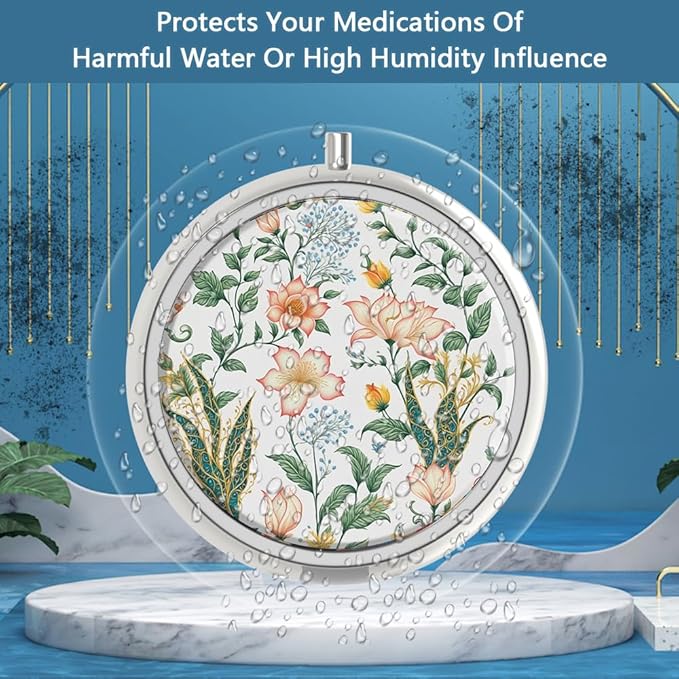 Pill Box 3 Compartment Medicine Pill Case,Portable for Pocket or Purse Pill Box Decorative Metal Medicine Vitamin Organizer Unique Gift(Floral Flower)
