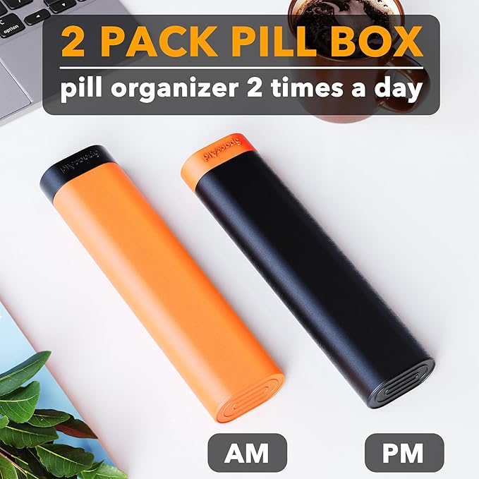 SpaceAid 2 Pack Pill Organizer Box 7 Day, Weekly Travel Pill Case Holder, 2 Times a Day AM PM Daily Pocket Pharmacy Dispenser Container for Pills, Vitamins and Medicine (Black, Orange)