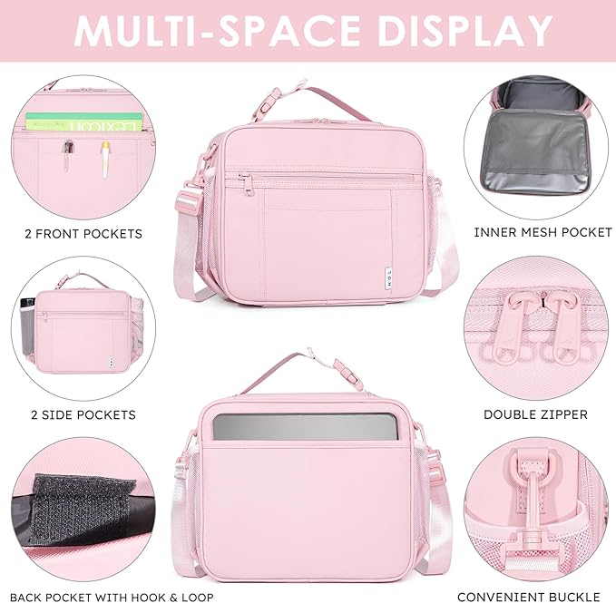 NOL Kids Lunch Bag - Kids 3+ Reusable Insulated Lunch Box with Zipper Closure Buckle Handle Adjustable Long Shoulder Strap, Easy-Clean Waterproof Fabric, Children Lunch Tote Bag for School -Pink