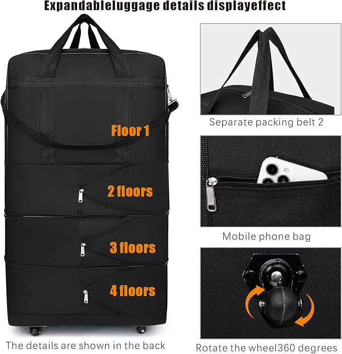 Foldable Travel Bag with Wheels, Extendable Tote Bag, Roller Expandable Luggage Compartment, Large Capacity Lightweight Luggage Bag, Waterproof for Men and Women(Black)