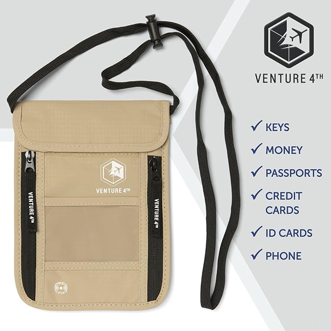 VENTURE 4TH Passport Holder Neck Wallet with RFID Blocking Nylon Lining - Hidden Neck Pouch for Travel (Beige)