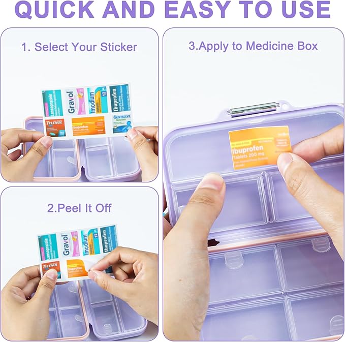Travel Pill Organizer Box with Medicine Labels, 2Pack 7 Compartments Portable Pill Case, Daily Medication Organizer Storage Pill Container for Pocket Pharmacy(Purple, S+L 2pack)