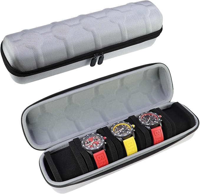 Juntan 5 Slots Hard Watch Travel Case, Portable Nylon Travel Watch Roll Case, Zipper Storage Organizer Box for Men Women with Soft Compressible Foam Pillow Silver
