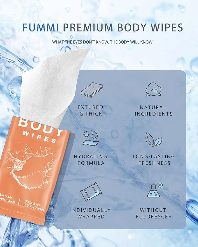 FUMMI 300 Pack Body Wipes – Large Individually Packaged Bath Wipes for Adults, Travel, Gym, Camping, Elderly, Bedridden – No Rinse Bath Wipes, Moisturizing & Refreshing Clean
