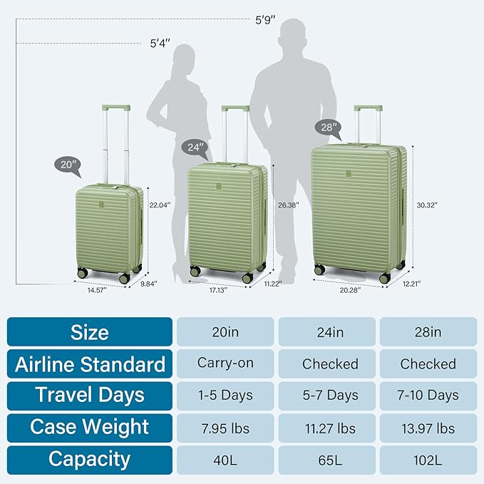 28 Inch Luggage Hard Shell Suitcases, Expandable Travel Checked Luggage 28 Inch, Large Check In Luggage with Spinner Wheels Cup Holder Charger Built in Lightweight Suitcase, Bamboo Green