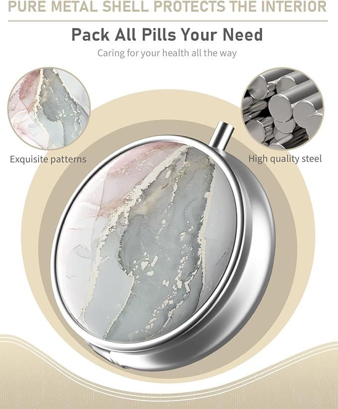 Pill Box, 3 Compartment Portable Travel Medicine Box with Mirror, Compact and Cute, Fits in Purse and Pocket, Medicine and Vitamin Organizer (Grey Pink Marble)