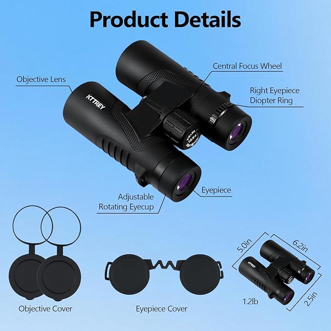 10x42 High Powered Binoculars for Adults, Kttrey Compact Waterproof Binoculars with Clear Low Light Vision for Bird Watching, Hunting, Cruise, Stargazing and Travel, Includes Carrying Bag and Strap