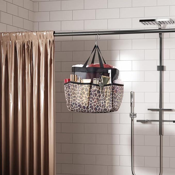 F-color Mesh Shower Caddy Portable - 2 Handles Upgrade Deeper 7 Pockets Basket Bag Tote for College Dorm Room Toiletry Bathroom Essentials Gym Camp Quick Dry with S Hook, 2 Pack, Black & Leopard
