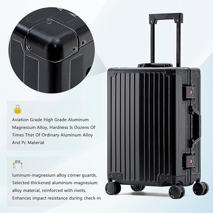 YYW Aluminum Carry-On Luggage Airline Approved Lightweight Suitcase with TSA Lock and Silent Wheels, Hardshell Spinner Business Travel (Black, 24in)