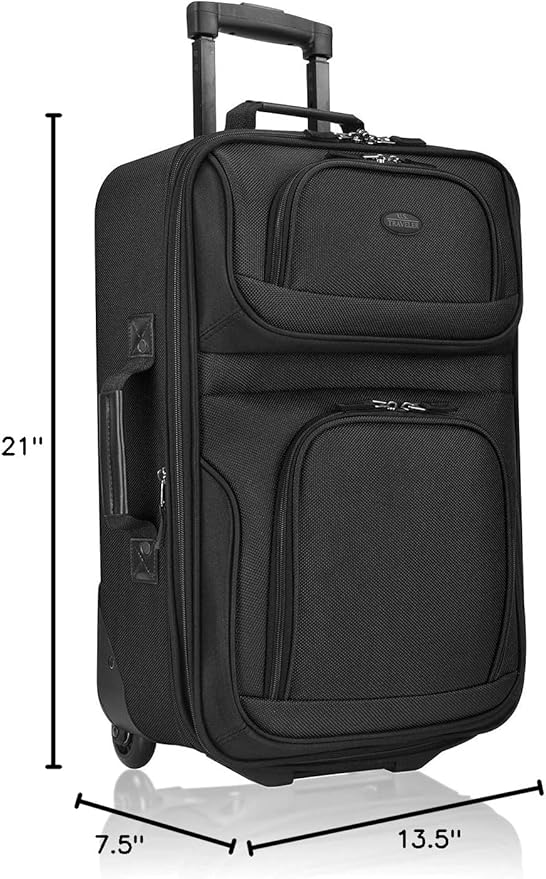 U.S. Traveler Lightweight Rolling 20" Carry On Luggage Softside Suitcase, Black, 2 Wheel Single