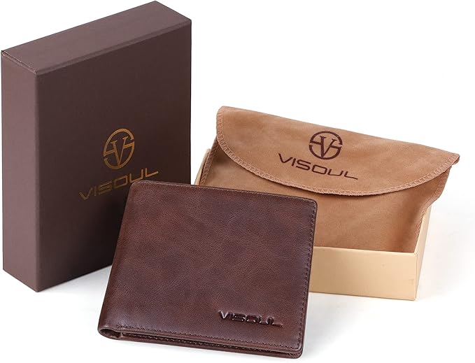 VISOUL Mens Bifold Leather RFID Blocking Wallet with 2 ID Windows, Soft Genuine Leather Card Holder Wallet with 2 Cash Compartments for Men (Coffee)