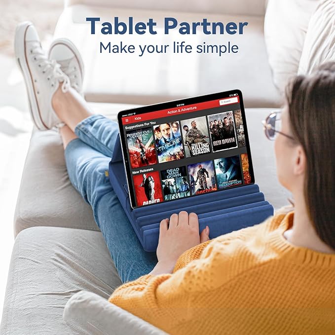 KDD Tablet Pillow Holder, Foldable iPad Stand for Lap, Bed and Desk -Tablet Soft Pad Dock with Pocket & Stylus Mount Compatible with iPad Pro 12.9, 10.5, 9.7 Air Mini 6 5 4 3, Galaxy Tab,E-Reader