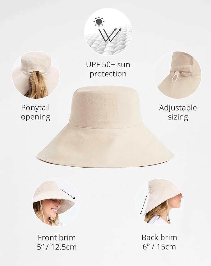 Solbari Women’s Ultra-Wide Cotton Linen Sun Hat UPF 50+, Packable, Adjustable with Ponytail Hole for Travel, Beach & Outdoors