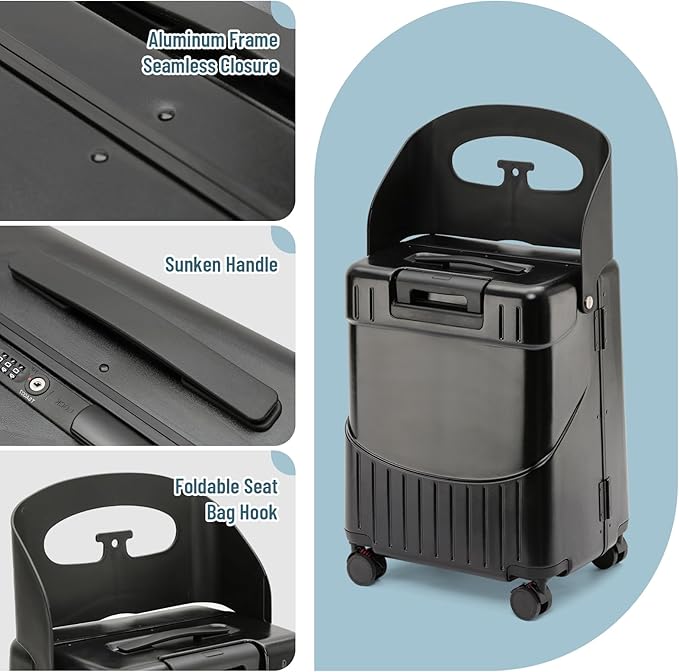 20 Inch Carry On TSA Lock Luggage for Kids& Adult,Lockable Spinner Wheels Free Luggage Cover and Safety Seatbelt Travel Suitcase(Carry-On TSA Luggage with Child Seat Black)