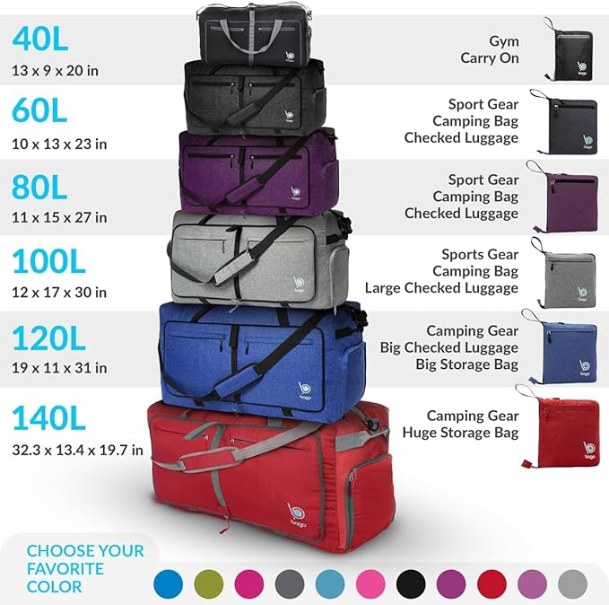 Bago Large Foldable Duffel Bags for Traveling Women & Men - 80L Packable Duffle Bag for Travel with Shoe Compartment - Water Repellant, Heavy Duty, Lightweight Folding & Collapsible (Black)