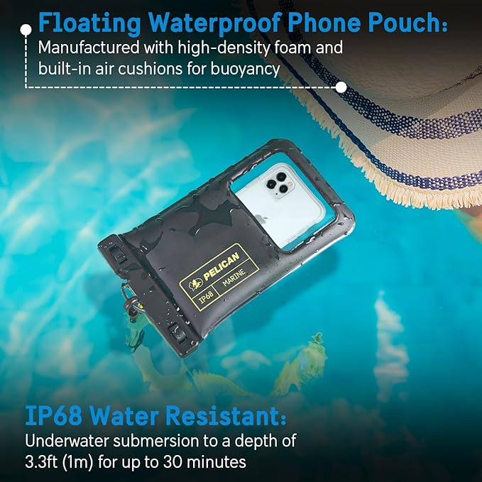 Pelican 2 Pack Marine - IP68 Waterproof Phone Pouch (XL Size) Floating Waterproof Phone Case - Beach Cruise Ship Travel Essentials - Works with All Phones - Detachable Lanyard - Black/Hi-Vis Yellow