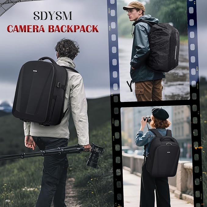 SDYSM Camera Backpack, Hardshell DSLR/SLR Camera Bag with Lens Pouch & 15.6" Laptop Compartment Waterproof Camera Case with Rain Cover Photography Backpack Compatible for Canon/Nikon/Sony/Drone Black