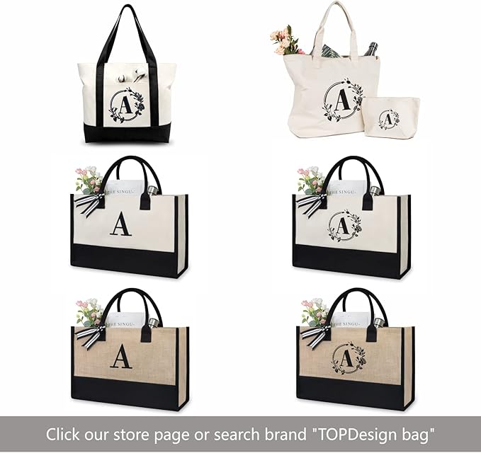 TOPDesign Personalized Initial Jute/Canvas Beach Bag, Monogrammed Gift Tote Bag for Women