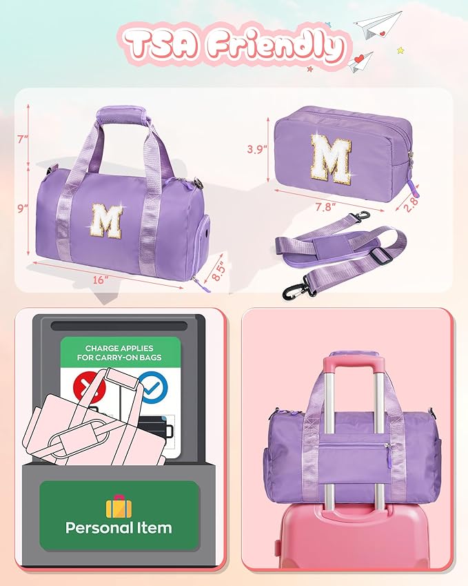 Dorm Room Essentials for Girls-Girl Gym Bag with Shoe Compartment, Kid Personalized Weekender Overnight Bags, Initial Travel Tote with Makeup Pouch, Preppy Stuff Gifts for Kids (Letter F)