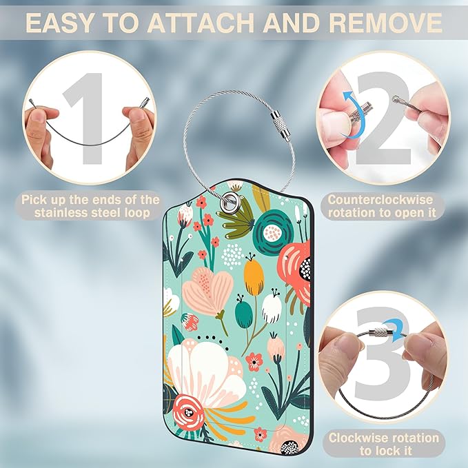 2 Pcs Spring Flowers and Berries Luggage Tags for Suitcases PU Leather Baggage Tags Name ID Label with Privacy Cover and Stainless Steel Loop for Men Women Travel Bag Suitcase
