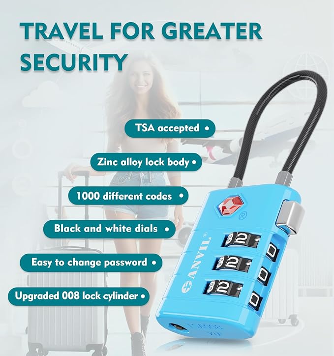 ANVIL TSA Approved Luggage Locks – High Security TSA008 Combination Travel Locks with Inspection Indicator for Suitcases and Backpacks. (2, Bule)