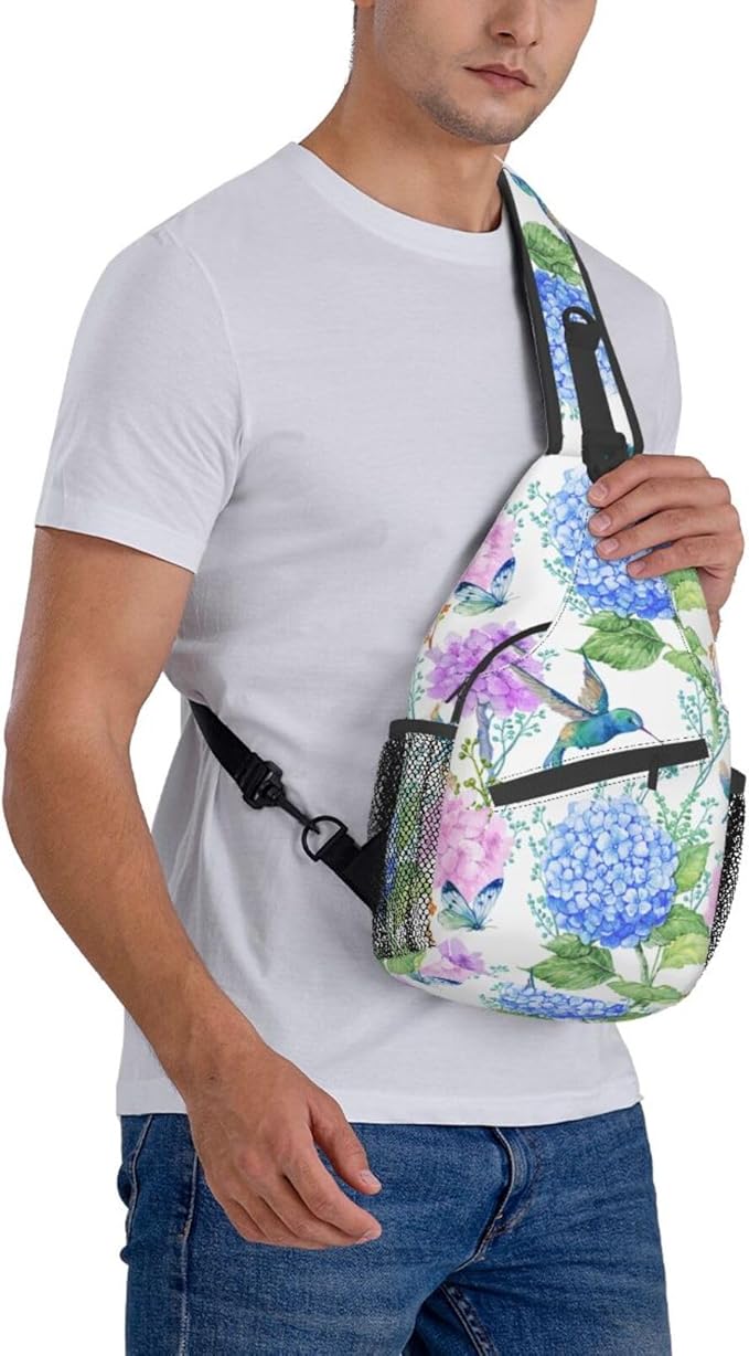 SUPLUCHOM Sling Bag Spring Hummingbird Flower Hydrangea Hiking Daypack Crossbody Shoulder Backpack Travel Chest Pack for Men Women Over 12 Years Old
