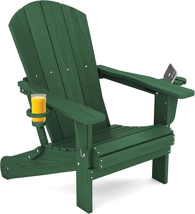 SERWALL Adirondack Chair with Cup Holders - Composite Adirondack Chairs Set of 4 HDPE Outdoor Chairs All Weather Use- Green