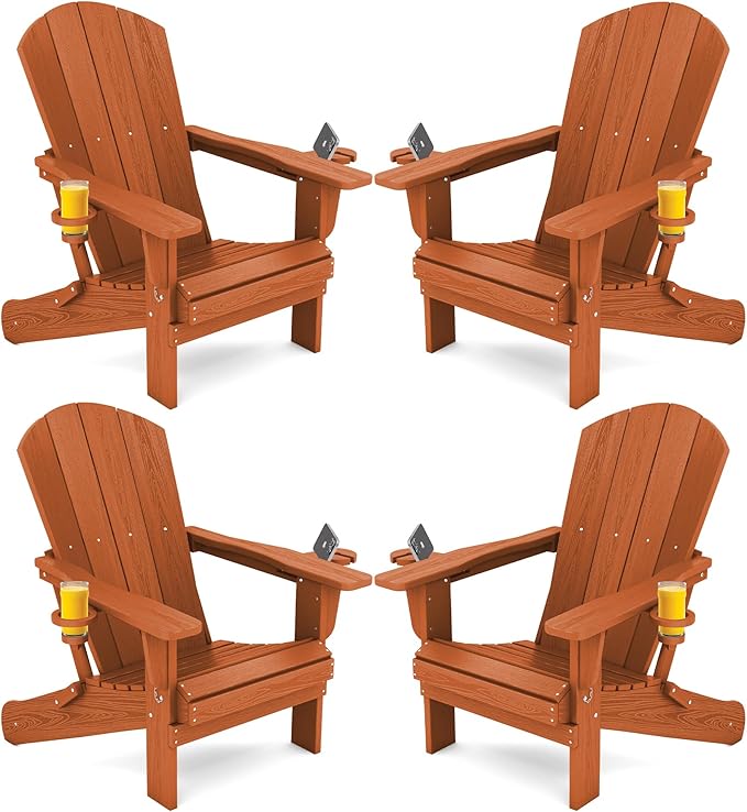 SERWALL Adirondack Chair with Cup Holders - Composite Adirondack Chairs Set of 4 HDPE Outdoor Chairs All Weather Use- Orange