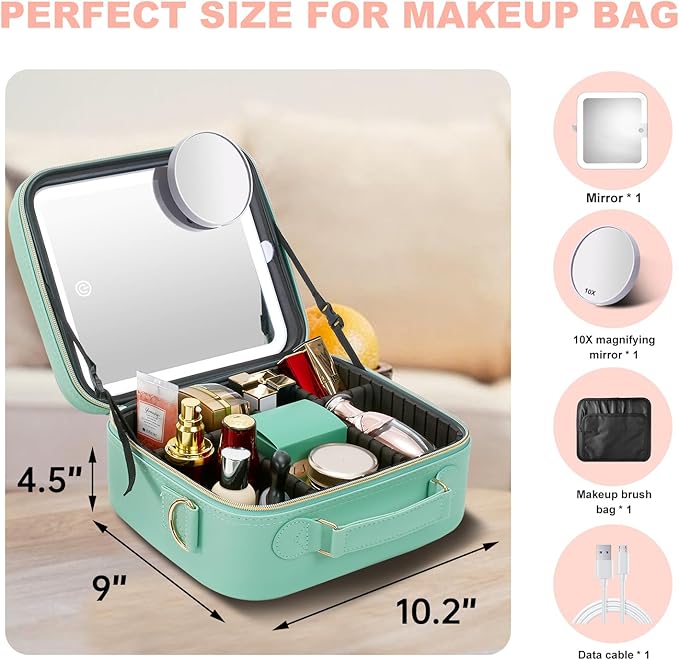 Mocado Travel Makeup Bag with LED Lighted Mirror, Travel Makeup Organizer, Makeup Case with 3 Color Lighted Setting and 10x Magnifying Mirror, Portable Storage and Adjustable Dividers (Powdery Green)