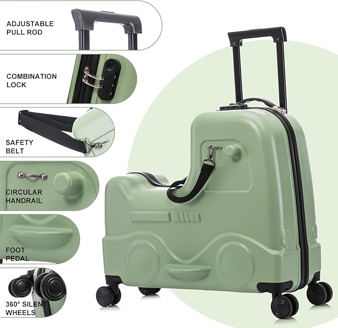 Apelila 22 inch Ride on Suitcase for Kids Travel Trolley Luggage with Spinner Wheels for Child with Combination Lock/Safety Belt/Telescoping Handle (Green)