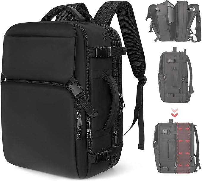 Travel Backpack Carry On Flight Approved, Lightweight Large Travel Backpack, Expandable with USB Charging Hole, Waterproof Causal Bookbag for Travel Work College Fits 17 inch Laptop, Black